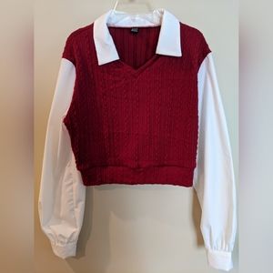 Academia styled burgundy knit vest with built-in blouse neck and sleeves, Sz S